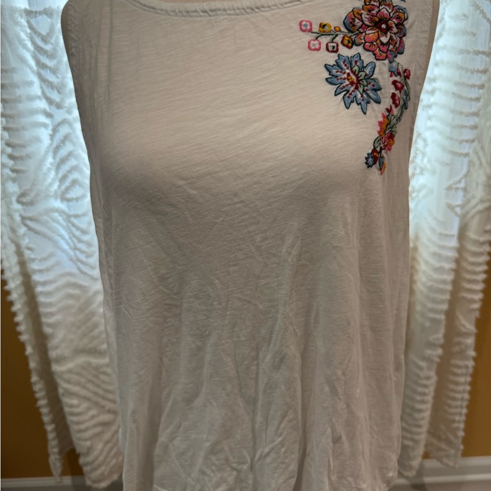 LOFT White Tank Top with Colorful Floral Embroidery